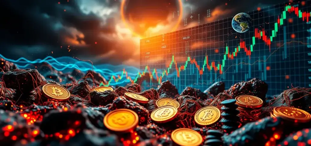 Изображение, иллюстрирующее взлёт и падение Terra (LUNA) с графическими представлениями краха Luna, отключения UST и концепции алгоритмических стейблкоинов