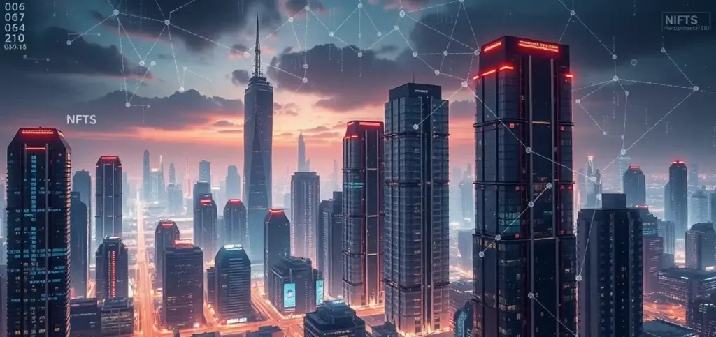 Концептуальное изображение, демонстрирующее токенизацию недвижимости с визуализацией NFT недвижимости и блокчейна, акцентируя внимание на цифровых токенах активов.