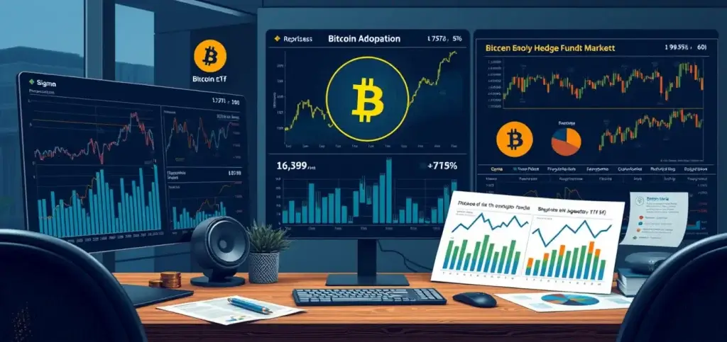 Разнообразная группа институциональных инвесторов анализирует тренды Биткойна и ETF в современном финансовом контексте, представляя растущий интерес к хедж-фондам и крипто.