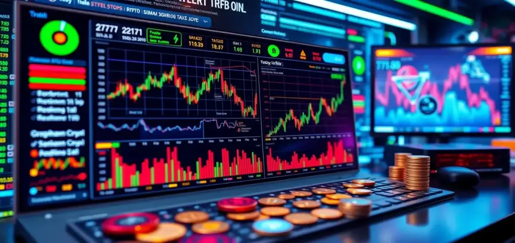 Визуально привлекательная панель управления, отображающая различные аналитики криптовалют, показатели KPI портфеля и рыночные тренды для инвесторов в криптовалюту.