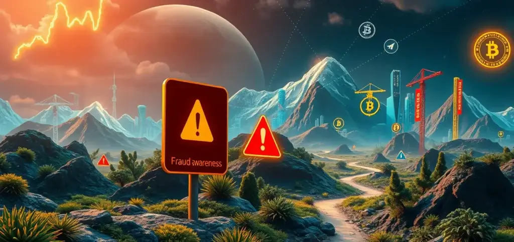 Grafische Darstellung der Risiken des Kryptowährungsmarkts, die Rug Pulls und Strategien zum Schutz von Investoren hervorhebt. Elemente sind Warnschilder und Diagramme.