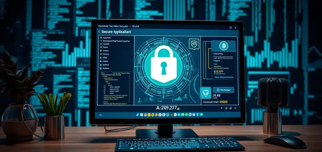 Une interface de portefeuille numérique sécurisée présentant des mesures de sécurité avancées comme la 2FA, accompagnée de graphiques d