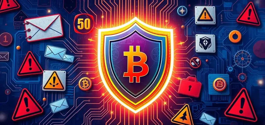 Une image conceptuelle représentant les arnaques liées aux cryptomonnaies, mettant en avant un symbole de verrou sur un fond numérique avec des alertes de phishing, montrant des mesures de sécurité contre les arnaques par texto.