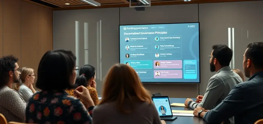 A visual representation of decentralized governance with a diverse community engaged in voting and decision-making processes