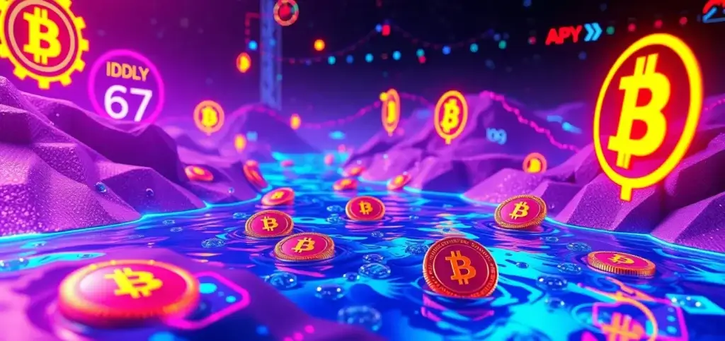 Una infografía detallada que muestra la mecánica de la agricultura de rendimiento cripto, incluidos los fondos de liquidez y las métricas de APY, asegurando claridad para principiantes.