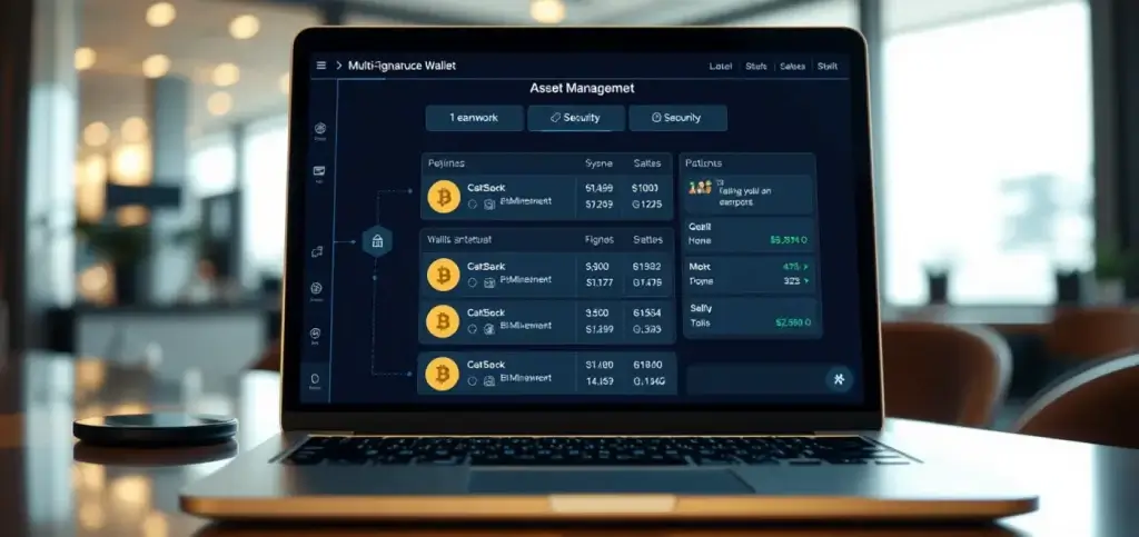 A secure multi-signature wallet interface on a digital device showcasing team custody features, emphasizing safe asset management.