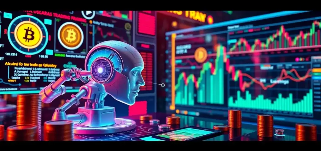 Футуристическое представление о том, как ИИ-торговые боты анализируют тенденции криптовалют с помощью продвинутых алгоритмов и символов цифровой валюты.