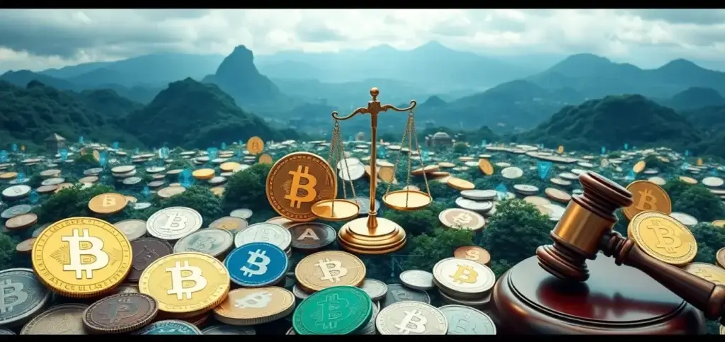 A complex depiction of legal documents with cryptocurrency symbols, reflecting the lawsuit and SEC regulations impacting exchanges.