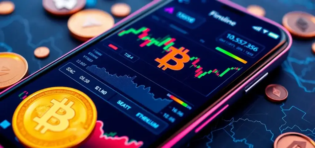 A graph displaying cryptocurrency trends on a mobile app interface, highlighting Android and iOS trading features, depicting vibrant digital currencies.