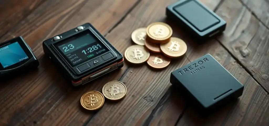 Холодный кошелек для хранения криптовалюты, демонстрирующий устройства Trezor и Ledger на столе, представляющий безопасные оффлайн-решения для хранения.