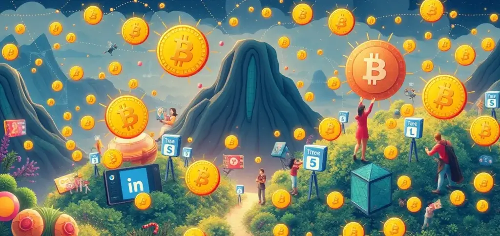 Una gráfica intrincada que representa tokens sociales y la economía de fans en redes sociales, destacando las monedas digitales y el compromiso con los creadores.