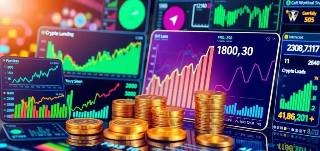 Una persona analizando gráficos y tablas de préstamos de criptomonedas en múltiples pantallas, mostrando préstamos de criptomonedas y potencial de ganancias de interés.