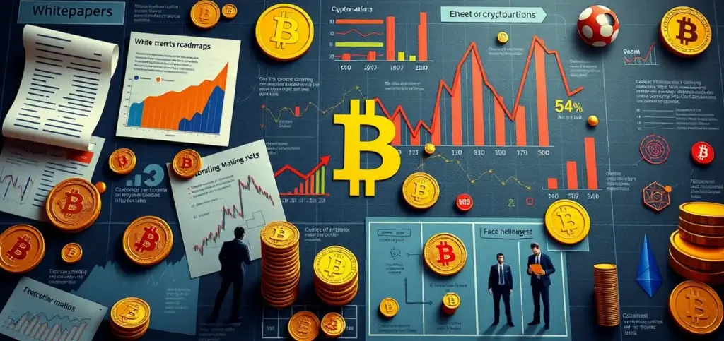 A detailed graphical representation of cryptocurrency analysis, featuring elements like whitepapers, roadmaps, and team backgrounds for evaluation.