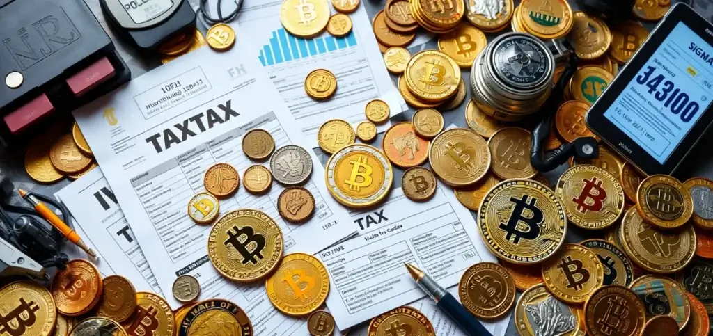 Собрание монет криптовалюты с налоговыми формами, иллюстрирующее важность соблюдения норм по налогам на криптовалюту, включая государственные нормативные акты и отчетность о доходах.