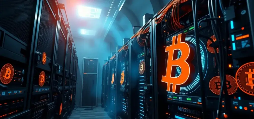 An illustration of Bitcoin mining equipment alongside a visual representation of Bitcoin halving events and mining rewards, highlighting the BTC halving date concept.
