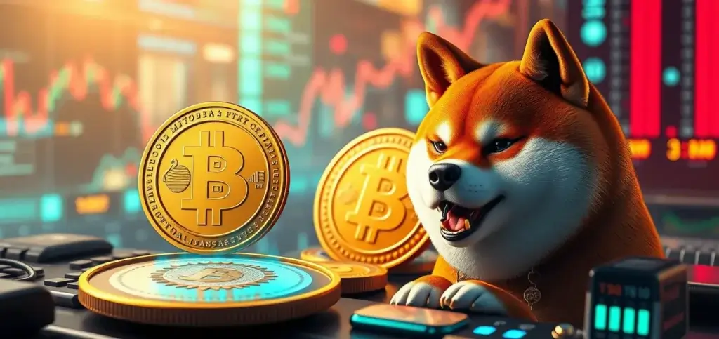 Визуальное представление мемных монет, таких как Dogecoin и Shiba Inu, демонстрирующее их потенциал и вовлечённость сообщества в рынках криптовалют.