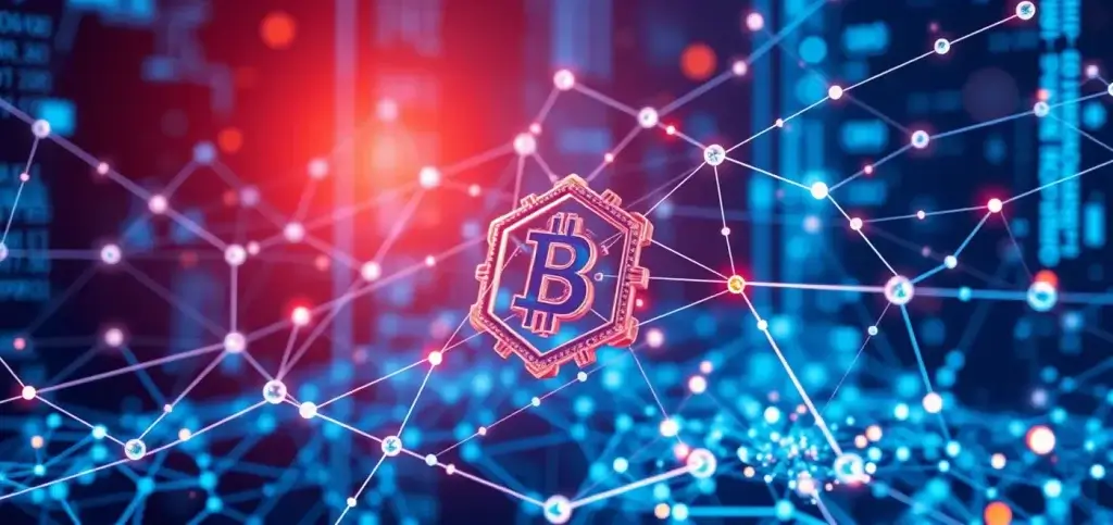 Подробное графическое представление, иллюстрирующее концепцию технологии блокчейн, подчеркивающее распределенный реестр, узлы и механизмы консенсуса, демонстрируя, как транзакции обрабатываются безопасно.