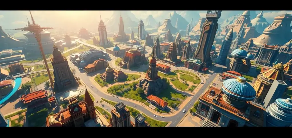 Яркое изображение криптовалют метавселенной, демонстрирующее Sandbox, Mana и элементы виртуальной земли в цифровом ландшафте.