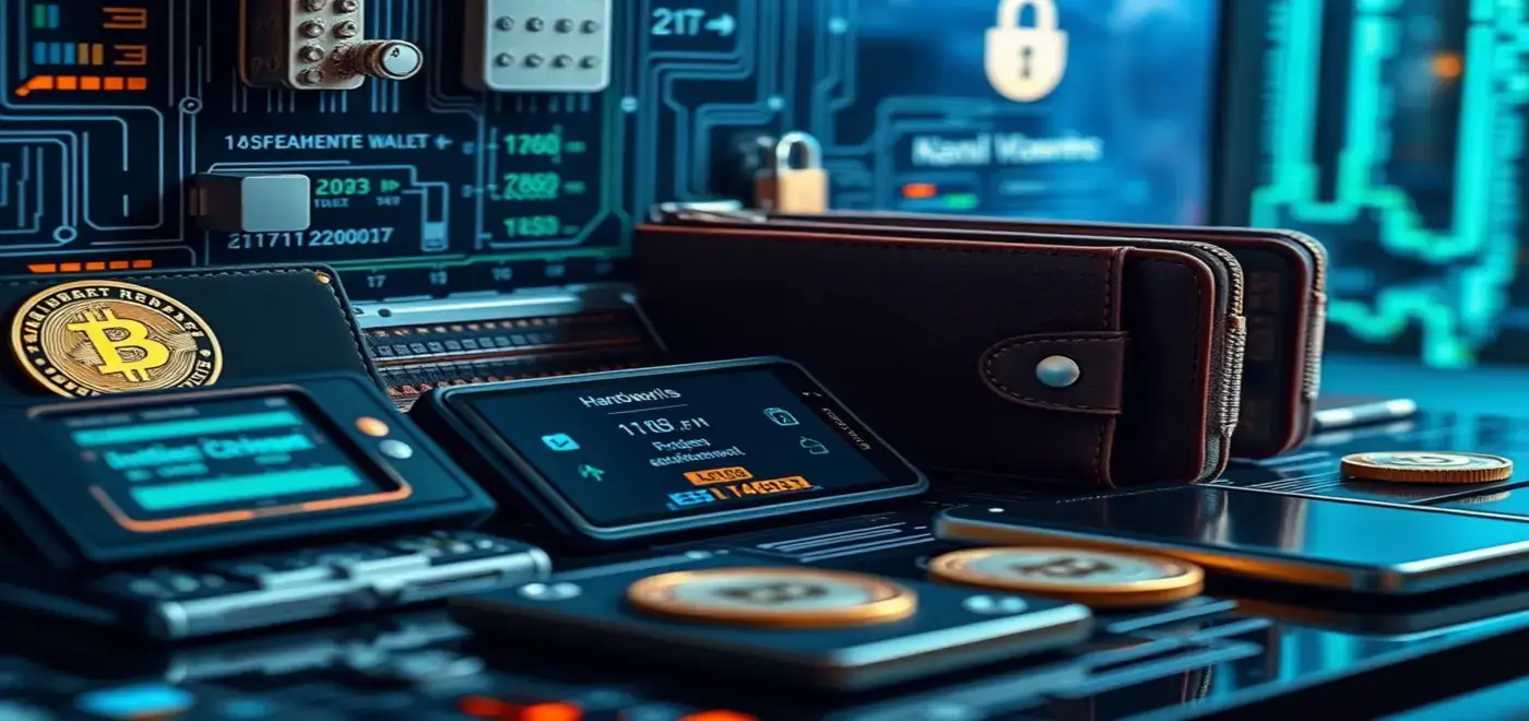 Une image photoréaliste représentant divers types de portefeuilles crypto, y compris des portefeuilles matériels, des portefeuilles mobiles et des portefeuilles de bureau avec des icônes représentant des transactions sécurisées.