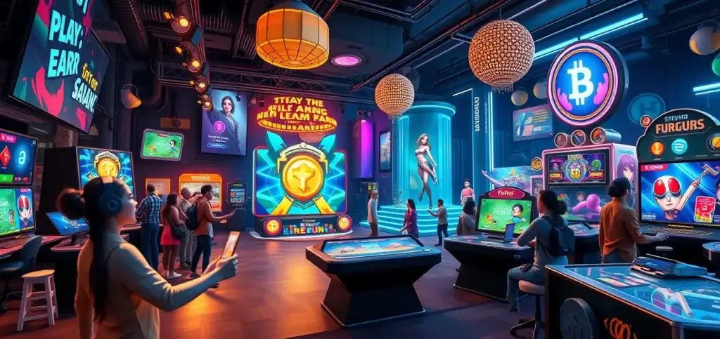 Яркий цифровой ландшафт, демонстрирующий различные игры в формате play-to-earn, с NFT и криптовалютными наградами в среде блокчейна.
